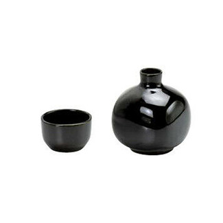 Round small tokkuri sake server bottle set - Black Oribe - 1 sake server bottle - 1 sake cup - Mino ware