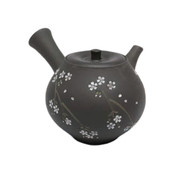 Japanese tea pot - SEIHO TSUZUKI - SAKURA Black clay - 220cc/ml - Sasame ceramic fine mesh - Tokoname kyusu with wooden box