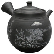 Teapot Kyusu Tokoname - FUGETSU - Black - 250ml - Ceramic Mesh - Mt.Fuji & Waka