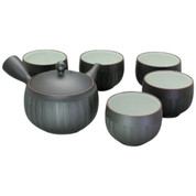 Teapot & Cups Set - Kyusu Yunomi Ceramic Tokoname - REIKO - Gray - 270ml Striped