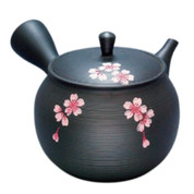 Teapot Kyusu Tokoname - GYOKKO - Black - 320 ml cc - Ceramic Mesh - Pink Sakura