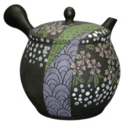 Teapot Kyusu Tokoname - SEKIRYU - Black - 380 ml cc - Ceramic Mesh - Sakura B