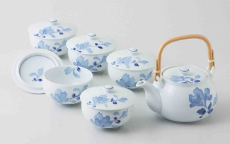 [Value] Hasami Porcelain : BLUE FLOWER - Kyusu Tea pot & 5 tea cup Set w Box