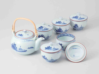 [Premium] Hasami Porcelain : Korin Landscape - Kyusu Tea pot & 5 tea cup Set w Box