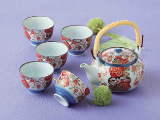 [SUPER SALE] Arita-yaki Porcelain : SAKURA - Kyusu Tea pot & 5 tea cup Set w Box