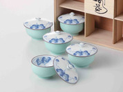 Arita-yaki Porcelain : Grape - 5 Yunomi tea cups & lids Set w Wooden Box