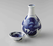 Sake Bottle & Cup Set : Antique Design Peony - Japanese Hasami Porcelain