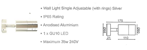 Single Wall Light Adjustable (with rings) - Polished Aluminium