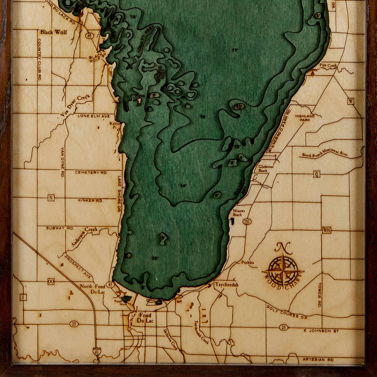 lake winnebago depth map Lake Winnebago Wooden Map Art Topographic 3d Chart lake winnebago depth map