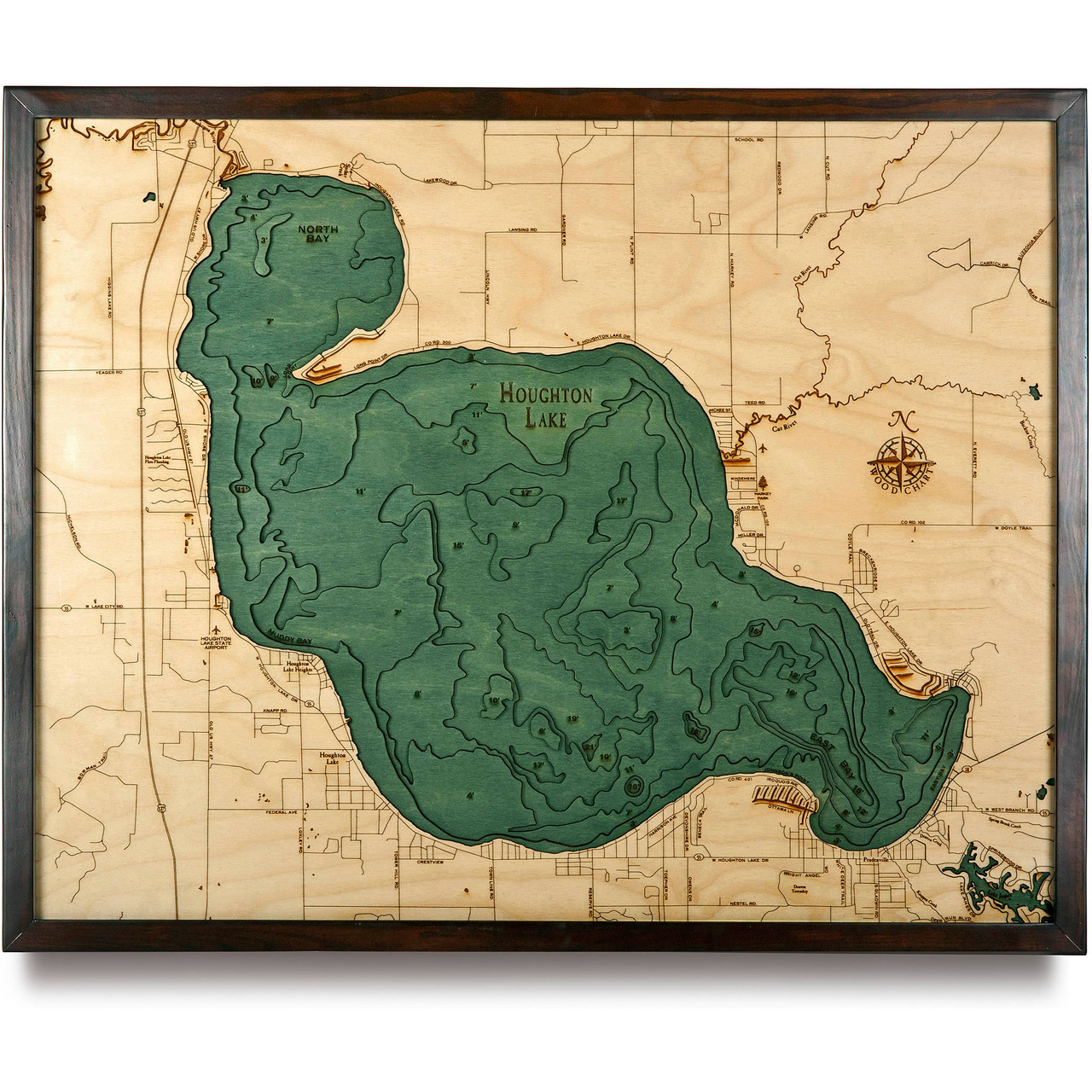 Houghton Lake Wooden Map Art Topographic 3D Chart