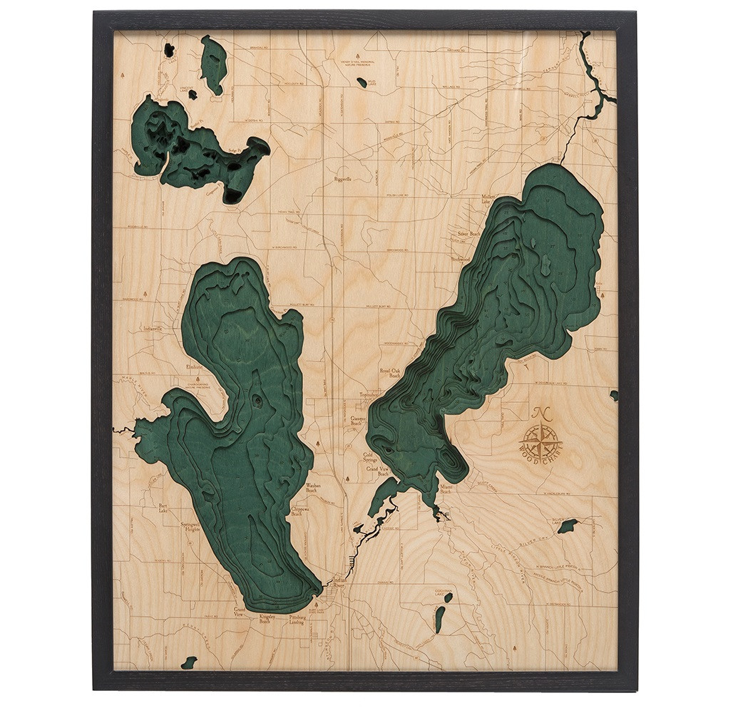 Burt Lake Mullet Lake Wooden Map Art Topographic 3D Chart