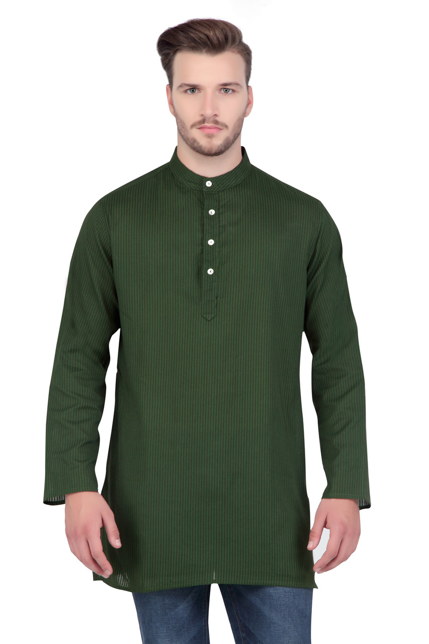 Shantraj Men's Indian Kurta Tunic Banded Collar Thin Striped Forest Green Shirt InSattva