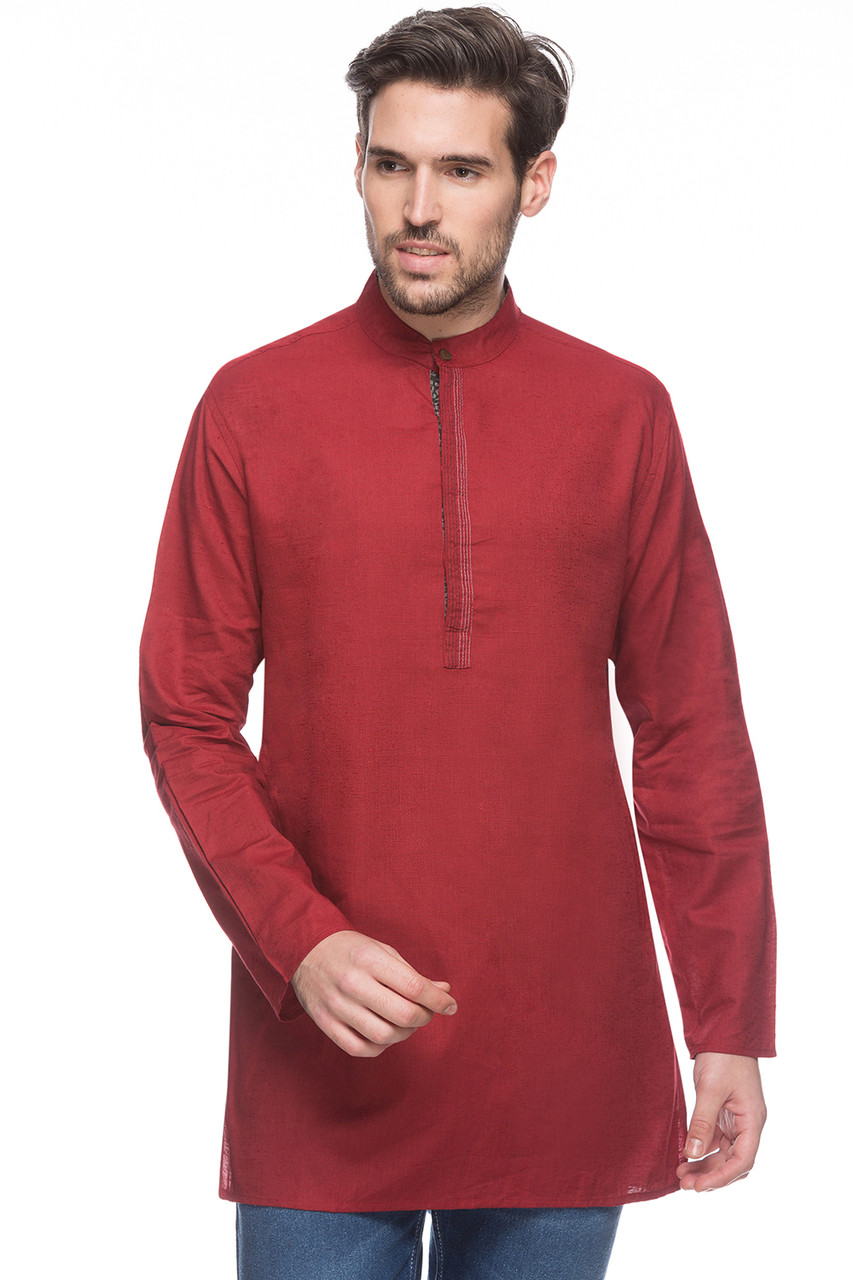 Shatranj Men's Indian Mid-length Kurta Tunic Banded Collar Textured Red ...