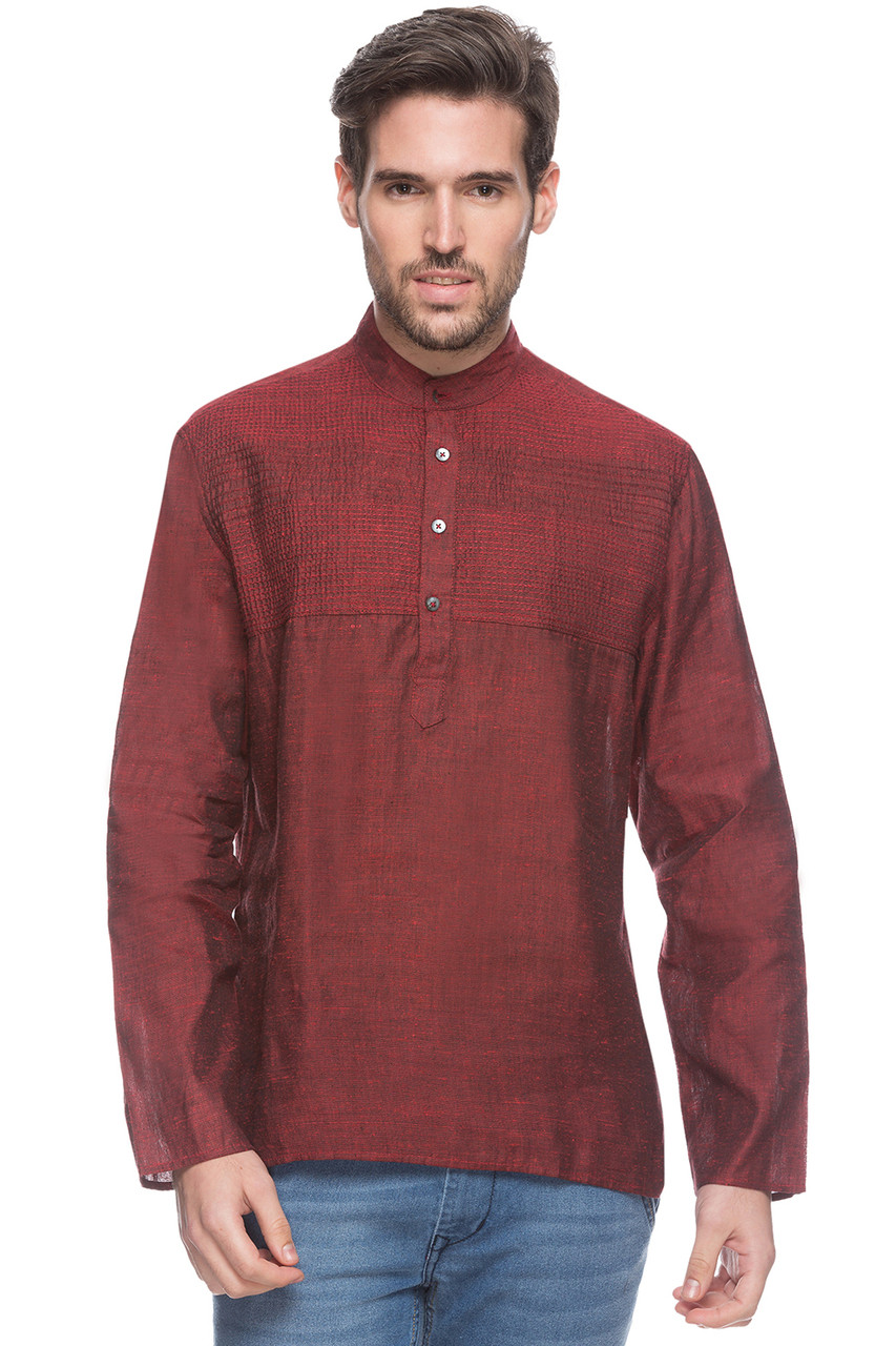 Shatranj Men's Indian Short Kurta Tunic Banded Collar Shirt With Pin