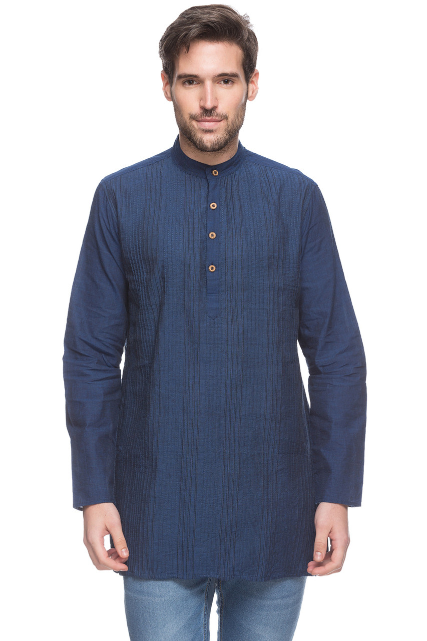 Shatranj Men's Indian Mid-length Kurta Tunic Banded Collar Textured ...