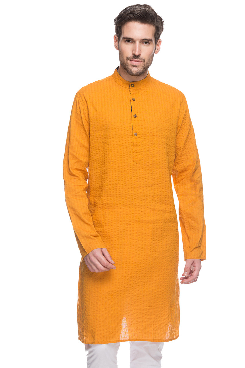 Shatranj Men's Indian Long Kurta Tunic Banded Collar Fine Stripe Shirt