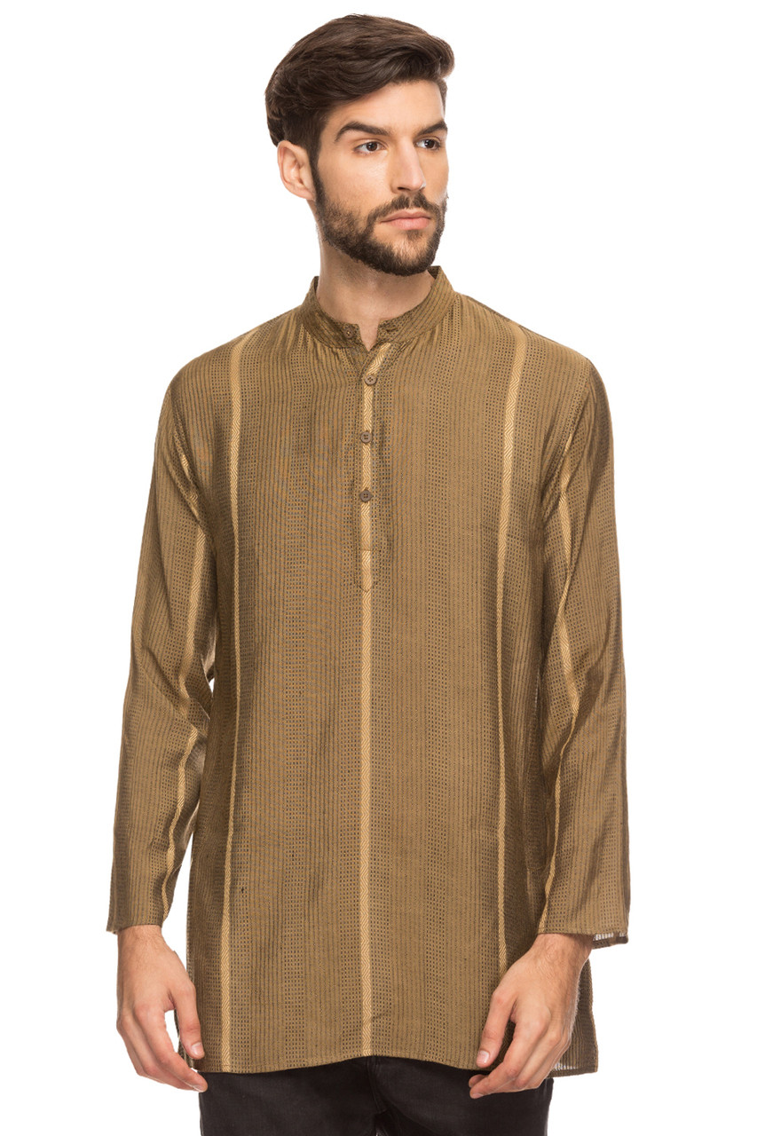 Shatranj Men's Indian Mandarin Collar MidLength Tunic Kurta With Dobby