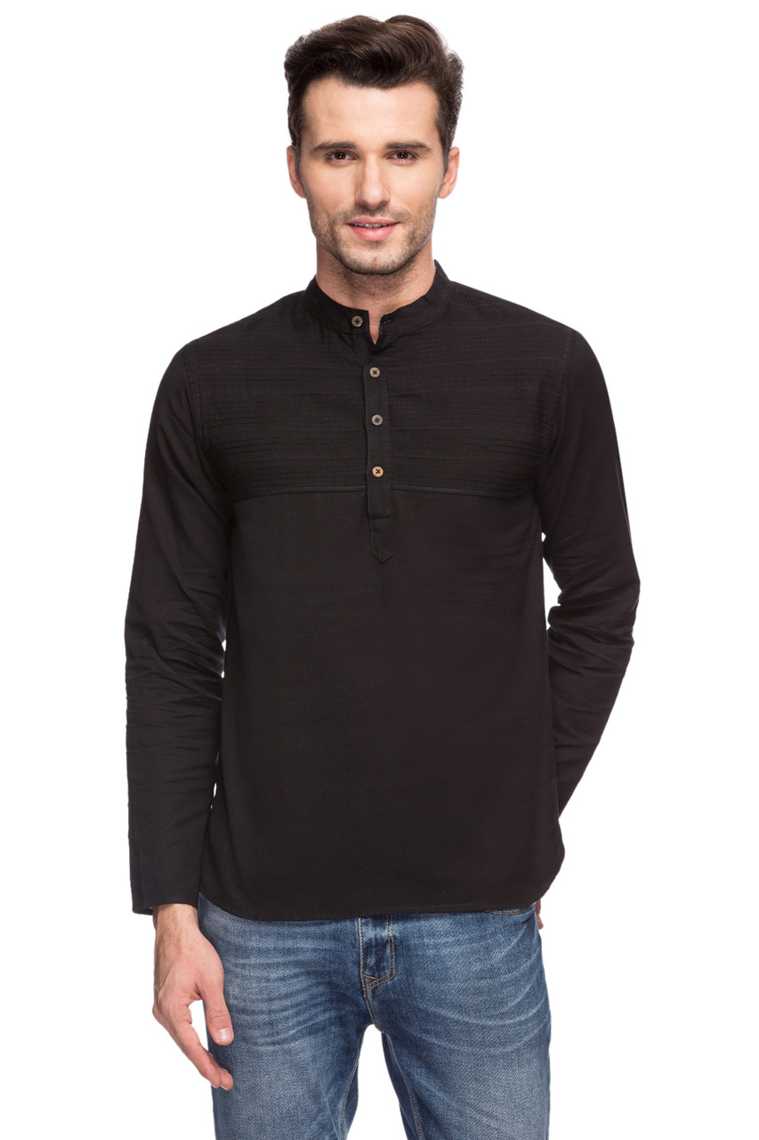 Shatranj Men's Indian Band Collar Black Henley Shirt Short Tunic Kurta