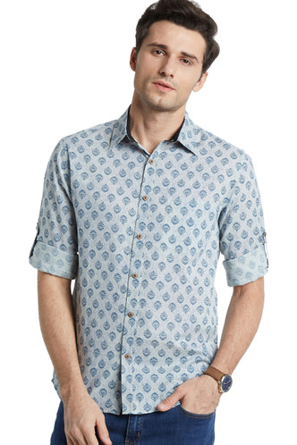 Blue Fitted Button Down Men's Shirt - Vintage Faded Look | In-Sattva