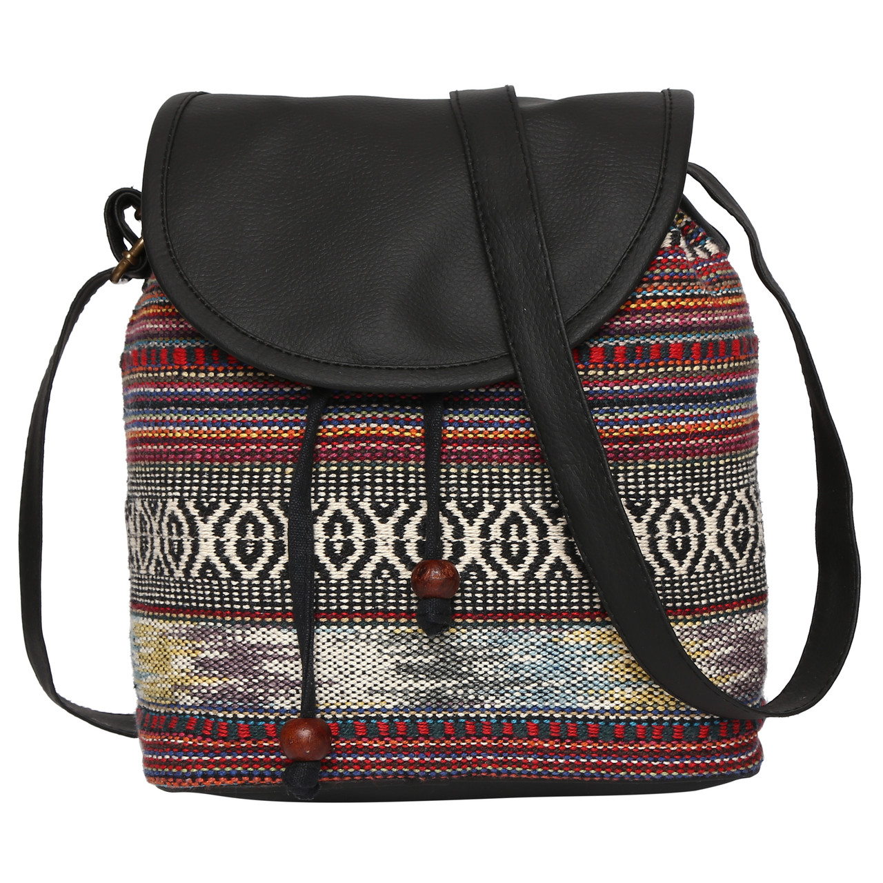 Women's Crossbody Multicolor Red Tribal Print Bucket Bag InSattva
