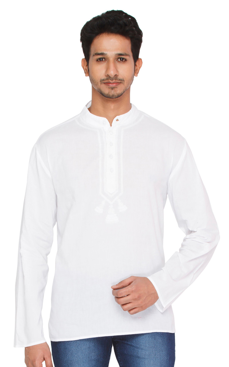Shatranj Men's Kurta Tunic Banded Collar Embroidered Neckline Shirt