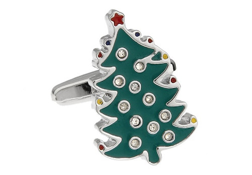Green Christmas Tree cufflinks with crystal accents close up image