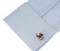 Santa Claus cufflinks red enamel finish displayed on a white dress shirt sleeve cuff close up image