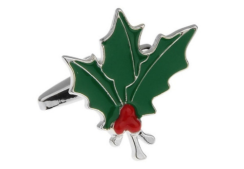 mistletoe cufflinks close up; green and red holly berry cuff close up image