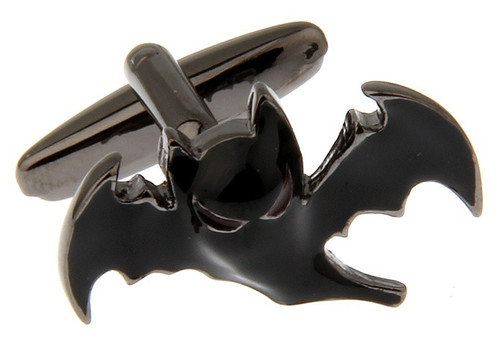 Batman style black bat cufflinks close up image