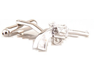 Pistol Six 6 Shooter Cufflinks shown as a pair with Deluxe Presentation Gift Box close up image