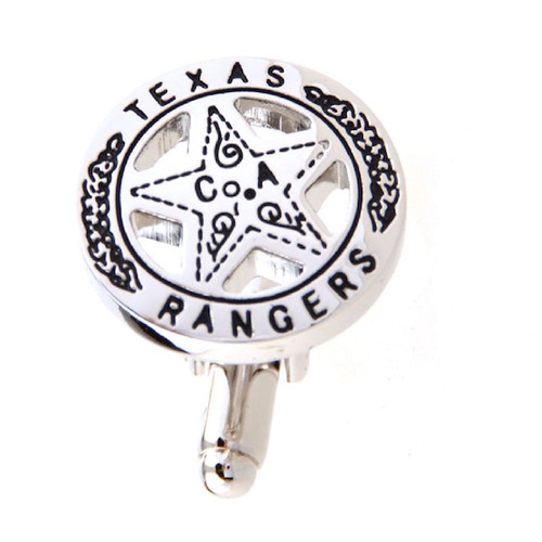 Silver and Black Texas Ranger Star Badge Cufflinks Displayed with deluxe Presentation Gift Box close up image