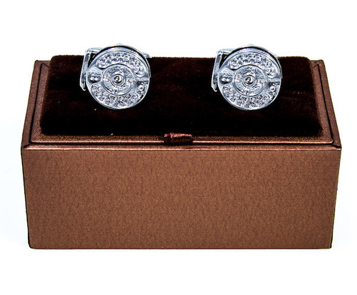 Silver Fly Fishing Reel Cufflinks with Deluxe Presentation Gift Box close up image