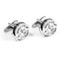 Silver fly fishing reel cufflinks shown as a pair right side view close up image