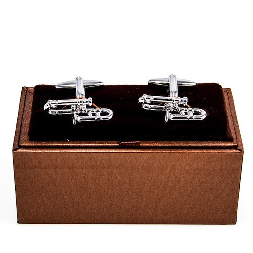 Trombone Cufflinks Displayed on Deluxe Presentation Gift Box close up image