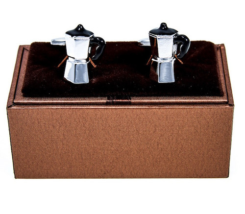 Percolator Coffee Pot Cufflinks shown as a pair with Deluxe Presentation Gift Box close up image