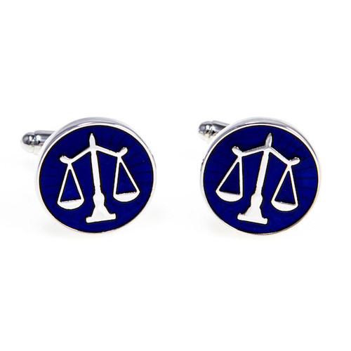 Attorney Lawyer Judge Scales of Justice Cufflinks in Blue shown as a pair close up image