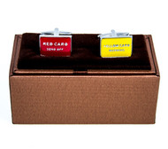 Soccer Penalty Red Card Send Off  & Yellow Warning Card Cufflinks displayed with Deluxe presentation gift box close up image