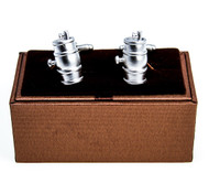 Wine Whiskey Beer Barrel Keg Cufflinks shown as a pair displayed on presentation gift box close up image