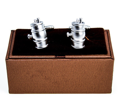 Wine Whiskey Beer Barrel Keg Cufflinks shown as a pair displayed on presentation gift box close up image