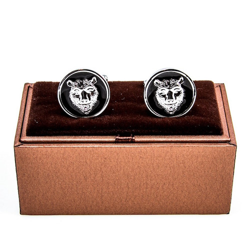 Round Black & Silver Bear head cufflinks shown as a pair displayed on deluxe presentation gift box close up image