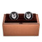 Round Black & Silver Bear head cufflinks shown as a pair displayed on deluxe presentation gift box close up image