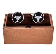 Round Black & Silver Steer bull head cufflinks shown as a pair displayed on deluxe presentation gift box close up image