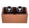 Round Black & Silver Steer bull head cufflinks shown as a pair displayed on deluxe presentation gift box close up image