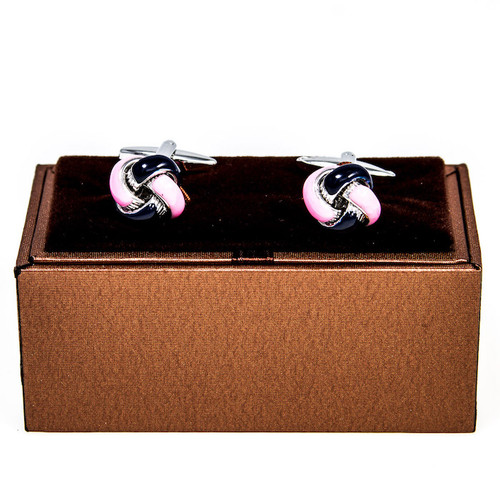 Pink and Black Knot Cufflinks shown a pair displayed on presentation gift box close up image