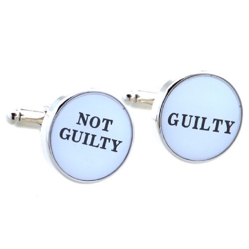not guilty, guilty cufflinks shown as a pair close up image