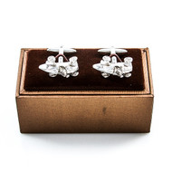 Vintage Race Car Stock Car cufflinks; Vintage Indy car cufflinks shown as a pair displayed on a presentation gift box close up image
