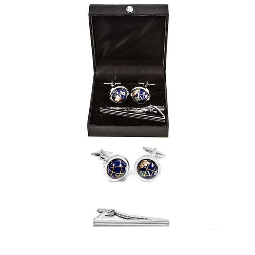 Spinning Globe Earth Cufflinks and Tie Bar Clip displayed infron of Deluxe Presentation Gift Box close up image