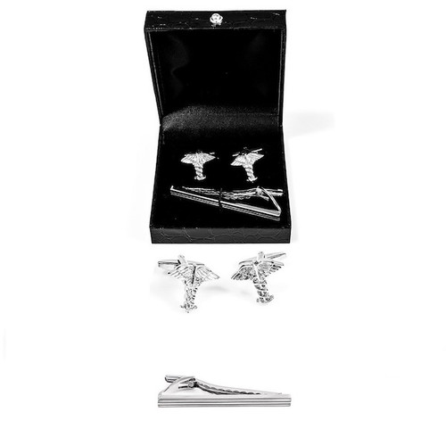 Caduceus Asclepi Medical Symbol Cufflinks with Tie Clip displayed infront of deluxe presentation gift box close up image