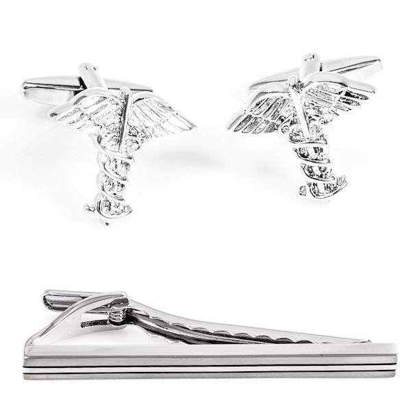 Doctor Caduceus Asclepius MD Cufflinks and Tie Bar Clip with 