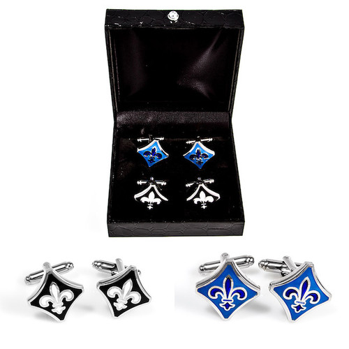 2 Pairs Black & Blue Fleur De Lys Cufflinks Gift Set displayed in pairs with Deluxe Presentation Gift Box close up image